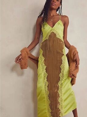 Free People Lime Green and Brown Lace-Trim Slip Maxi Dress